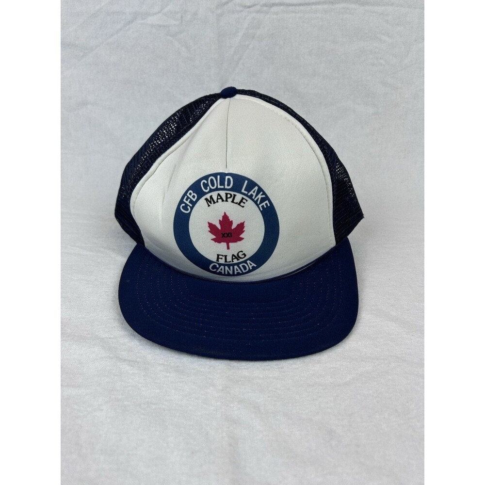 Vintage Snapback Hat CFB Cold Lake Canada Maple Flag Blue Mesh Crown Mesh Blue